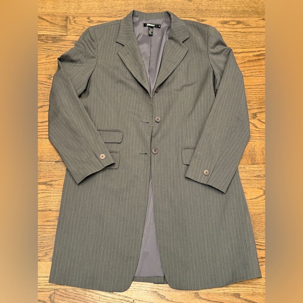DKNY Gray Pinstripe Overcoat Size 14 Tailored Career Coat Workwear